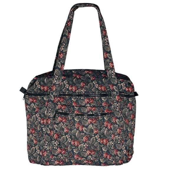 Vintage Navy Floral & Berry Tapestry Shoulder Tote Bag Handmade NH 15x14 USA - Picture 2 of 16